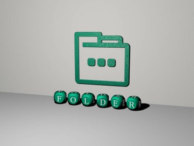 FOLDER 'ın dikey olarak 3B grafiksel görüntüsü ve üst perspektiften metalik kübik harflerle oluşturulan metin, konsept sunumu ve slayt gösterileri için mükemmel. resimleme ve iş