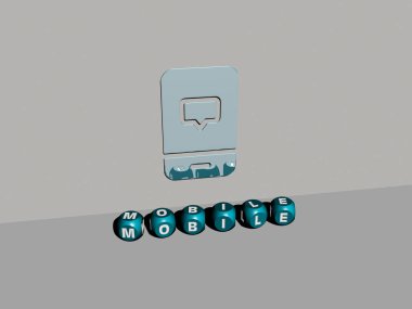 MOBILE 'in duvarında simge ve ayna zemininde metalik kübik harflerle konsept ve slayt gösterisi sunumu için düzenlenmiş üç boyutlu temsili. illüstrasyon ve tasarım