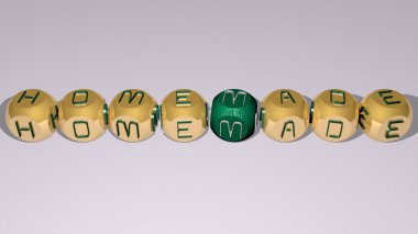 Ayna zemininde kübik harflerle düzenlenmiş ev yapımı bulmacalar, kavram anlamı ve sunum. arkaplan ve yiyecek