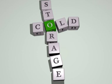 Soğuk hava depolama bulmacaları ayna zemininde kübik harflerle düzenlenir, kavram anlamı ve sunum. arkaplan ve kış