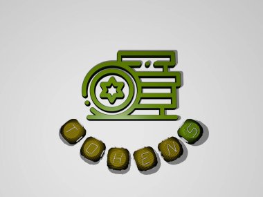 TOKENS grafiklerinin 3 boyutlu çizimi ve bu konsept ve sunumların ilgili anlamları için metalik zar harflerinin oluşturduğu simgenin etrafındaki metin. kumarhane ve geçmiş