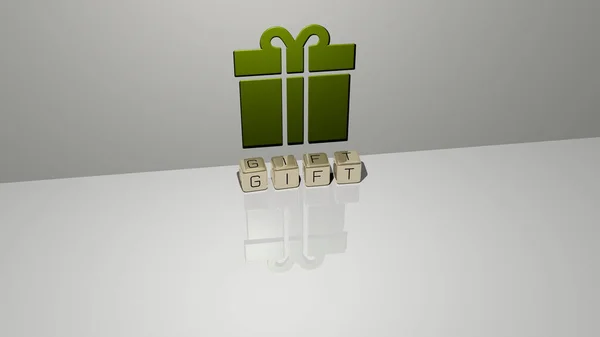Представление Gift Иконкой Стене Текстом Упорядоченным Металлическими Кубическими Буквами Зеркальном — стоковое фото