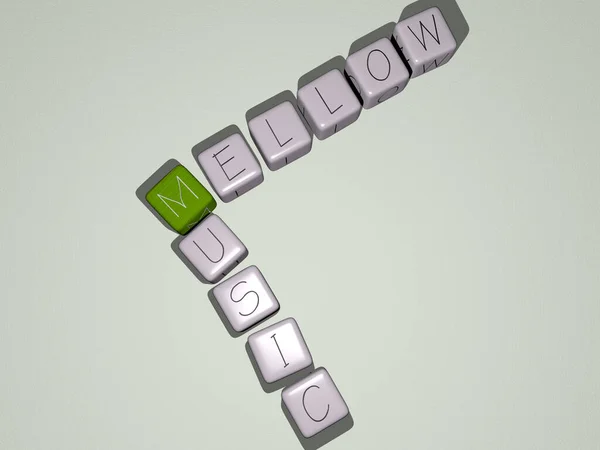 Krzyżówki Mellow Music Ułożone Liter Sześciennych Podłodze Lustra Znaczenie Koncepcyjne — Zdjęcie stockowe