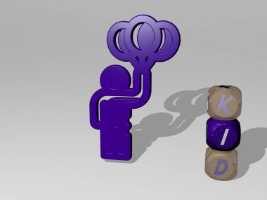 Çocuk grafiklerinin 3 boyutlu çizimi ve konsept ve sunumların ilgili anlamları için metalik zar harflerinin oluşturduğu simgenin etrafına yazılmış metin. çocuk ve kız