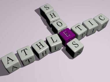 Ayakkabıların çapraz bulmacası: Ayna zemininde kübik harflerle düzenlenmiş ATHLETİK ayakkabılar, kavram anlamı ve sunum. atlet ve aktif