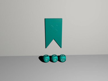 Duvarında simge olan etiketin 3 boyutlu temsili ve kavram ve slayt gösterisi sunumu için ayna zemininde metalik kübik harflerle düzenlenmiş metin. Resim ve imza