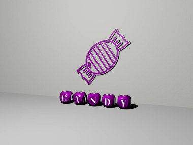 Şekerleme grafiklerinin 3 boyutlu çizimi ve konsept ve sunumların ilgili anlamları için metalik zar harflerinin oluşturduğu metinler. arkaplan ve çikolata