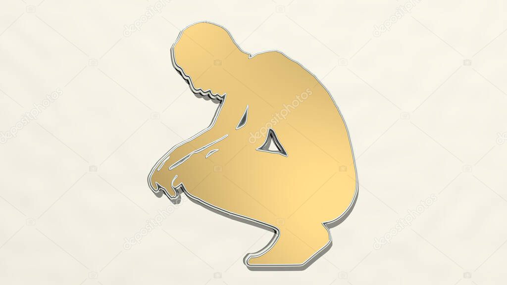 man thinking on the wall. 3D illustration of metallic sculpture over a white background with mild texture. business and concept