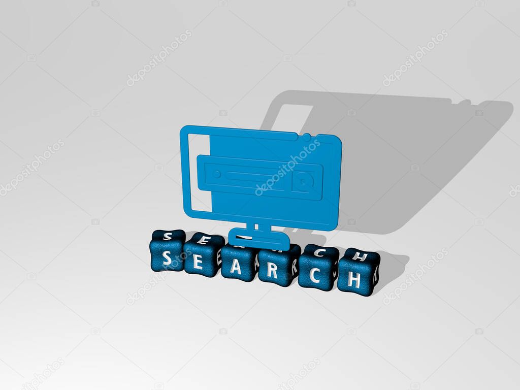 3D illustration of SEARCH graphics and text made by metallic dice letters for the related meanings of the concept and presentations. icon and business