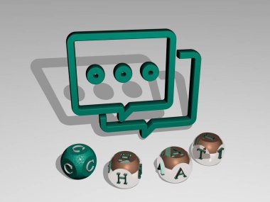 Duvarında simge olan sohbetin 3 boyutlu temsili ve ayna zemininde kavram ve slayt gösterisi sunumu için metalik kübik harflerle düzenlenmiş metin. İllüstrasyon ve iletişim