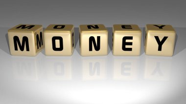 Paranın dikey olarak üç boyutlu grafiksel görüntüsü ve üst perspektiften metalik kübik harflerle yapılmış metinler, konsept sunumu ve slayt gösterileri için mükemmel. resimleme ve iş