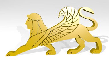 Aslan Sembolü, gölgeli bir perspektiften. Üç boyutlu metalik malzemelerden yapılmış kalın bir heykel. Resim ve hayvan