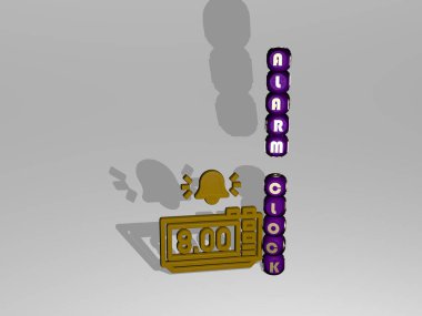 ALARM Clock 'un üç boyutlu grafik resmi, üst perspektiften metalik kübik harflerle simge etrafında inşa edilen metinle birlikte dikey olarak. Konsept sunumu ve slayt gösterileri için mükemmel.