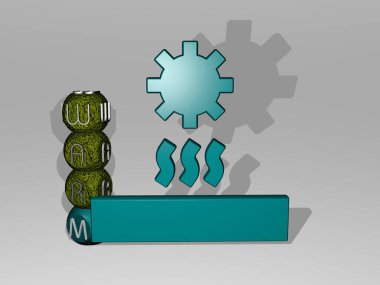 WARM 'ın 3 boyutlu temsili, duvarında simge ve ayna zemininde metalik kübik harflerle konsept ve slayt gösterisi sunumu için düzenlenmiş metin. arkaplan ve resimleme