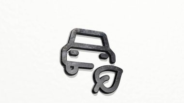 Duvardaki bir perspektiften temiz araba yaprağı. Üç boyutlu metalik malzemelerden yapılmış kalın bir heykel. arkaplan ve resimleme