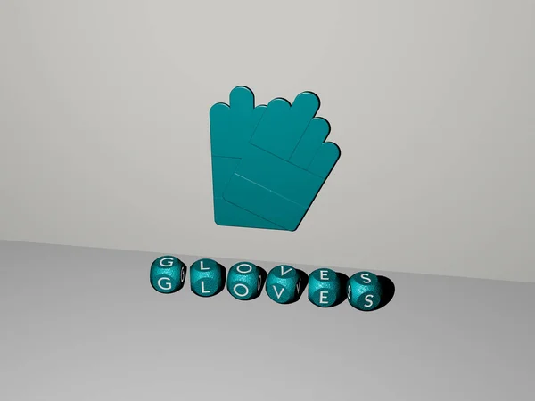 3D representation of gloves with icon on the wall and text arranged by metallic cubic letters on a mirror floor for concept meaning and slideshow presentation. background and boxing