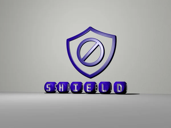 Illustratie Van Shield Graphics Tekst Gemaakt Door Metalen Dobbelstenen Letters — Stockfoto