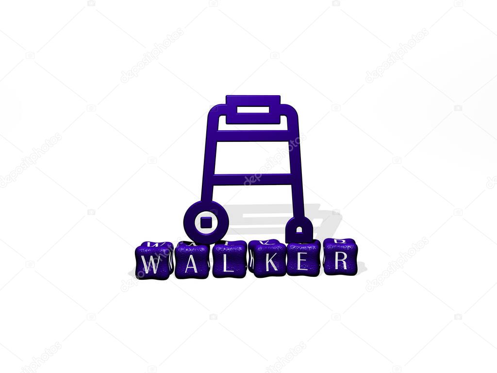 3D representation of WALKER with icon on the wall and text arranged by metallic cubic letters on a mirror floor for concept meaning and slideshow presentation. elderly and senior