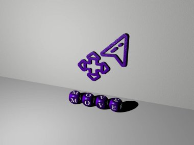 MoVE 'ın duvarında simge ve ayna zemininde metalik küp harflerle konsept ve slayt gösterisi sunumu için düzenlenmiş 3 boyutlu temsili. Resim ve arkaplan