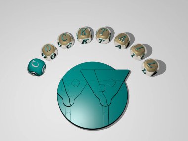 Konsept ve sunumların ilgili anlamları için metalik zar harflerinin oluşturduğu ikonun etrafına üç boyutlu grafikler ve metin çizimi. arka plan ve içki