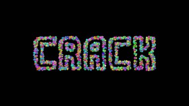 Koyu arkaplan üzerinde küçük nesneler olan çatlak metnin renkli üç boyutlu yazısı ve aynı gölge. soyut ve dokulu