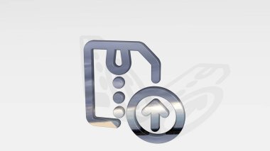 zip dosya yüklemesi, ışık arkaplanındaki parlak metalik heykel gölgesinin 3 boyutlu illüstrasyonuyla yapıldı. satır ve simge