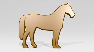 Gölgeli bir perspektiften at. Üç boyutlu metalik malzemelerden yapılmış kalın bir heykel. hayvan ve resimleme