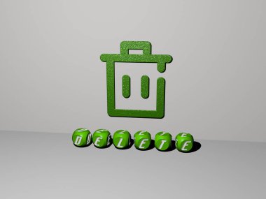 DELETE 'in dikey olarak 3D grafik resmi, üst perspektiften metalik kübik harflerle oluşturulan metinlerle birlikte, konsept sunumu ve slayt gösterileri için mükemmel. Resim ve simge