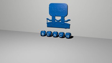 Duvarında ikon olan plajın 3 boyutlu temsili ve ayna zemininde kavram ve slayt gösterisi sunumu için metalik kübik harflerle düzenlenmiş metin. mavi ve güzel