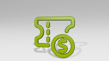 TICKET Ödeme Nakit Duruşu Gölgeli. Metalik heykelin beyaz arka planda, yumuşak desenli üç boyutlu çizimi. simge ve tasarım