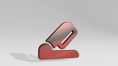 Ofis zımbası perspektiften gölge düşürüyor. Üç boyutlu metalik malzemelerden yapılmış kalın bir heykel. iş ve illüstrasyon