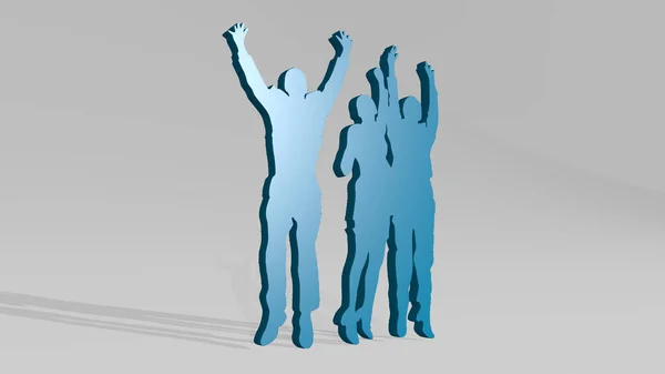 Люди Прыгающие Радости Стену Иллюстрация Металлической Скульптуры Белом Фоне Мягкой — стоковое фото