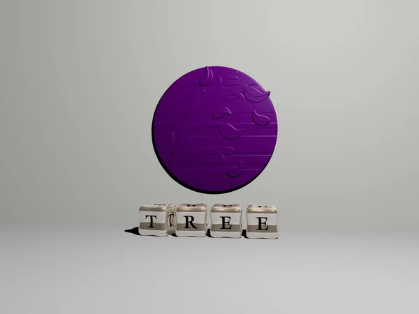 Ağacın dikey olarak üç boyutlu grafiksel görüntüsü ve üst perspektiften metalik kübik harflerle oluşturulan metinler, konsept sunumu ve slayt gösterileri için mükemmel. arkaplan ve Noel