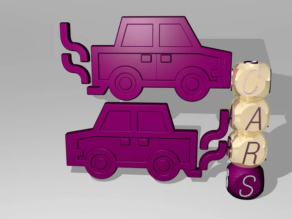 Представление Cars Иконкой Стене Текстом Упорядоченным Металлическими Кубическими Буквами Зеркальном — стоковое фото