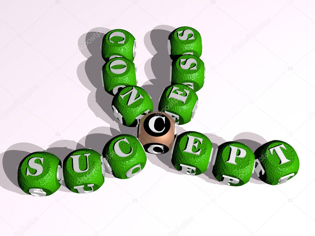 crosswords of SUCCESS CONCEPT arranged by cubic letters on a mirror floor, concept meaning and presentation. business and illustration