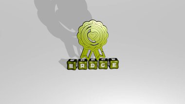 Konsept ve sunumların ilgili anlamları için metalik zar harfleri tarafından yapılan BADGE grafikleri ve metinlerinin üç boyutlu illüstrasyonu. tasarım ve arkaplan