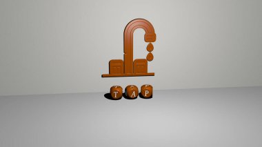 TAP 'ın duvarında simge ve ayna zemininde metalik kübik harflerle konsept ve slayt gösterisi sunumu için düzenlenmiş üç boyutlu temsili. su ve resimleme