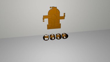 Değirmenin dikey olarak üç boyutlu grafiksel görüntüsü ve üst perspektiften metalik kübik harflerle oluşturulan metinler, konsept sunumu ve slayt gösterileri için mükemmel. eski ve yapıcı