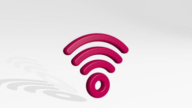 WIFI gölgenin yanında duruyor. Metalik heykelin beyaz arka planda, yumuşak desenli üç boyutlu çizimi. simge ve İnternet