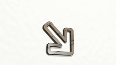 Ok kalınlığındaki sağ alt köşe, ışık arka planlı parlak metalik bir heykelin üç boyutlu bir çizimiyle yapılmış. simge ve tasarım