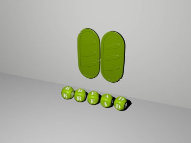 Konsept ve sunumların ilgili anlamları için metalik zar harflerinin yaptığı üç boyutlu resim ve metin. arkaplan ve yiyecek