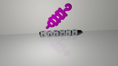 Şişin dikey olarak 3D grafiksel görüntüsü ve üst perspektiften metalik kübik harflerle oluşturulan metinler, konsept sunumu ve slayt gösterileri için mükemmel. Barbekü ve et