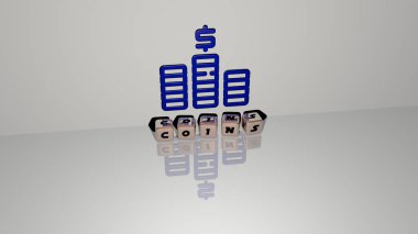 COINS 'in duvarında simge ve ayna zemininde metalik kübik harflerle konsept ve slayt gösterisi sunumu için düzenlenmiş üç boyutlu temsili. arkaplan ve iş