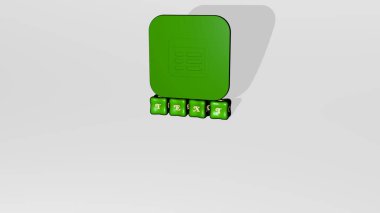 Duvarında simge olan metnin 3 boyutlu temsili ve ayna zemininde konsept ve slayt gösterisi sunumu için metalik kübik harflerle düzenlenmiş metin. Resim ve arkaplan