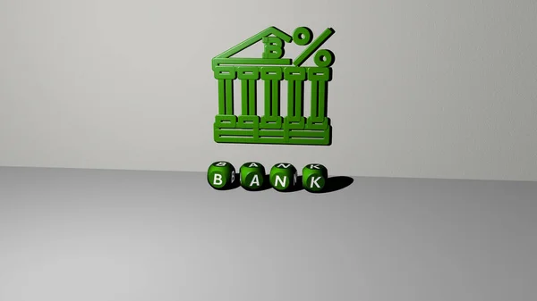 Graficzny Obraz Bank Pionowo Wraz Tekstem Zbudowanym Metalicznymi Literami Sześciennymi — Zdjęcie stockowe