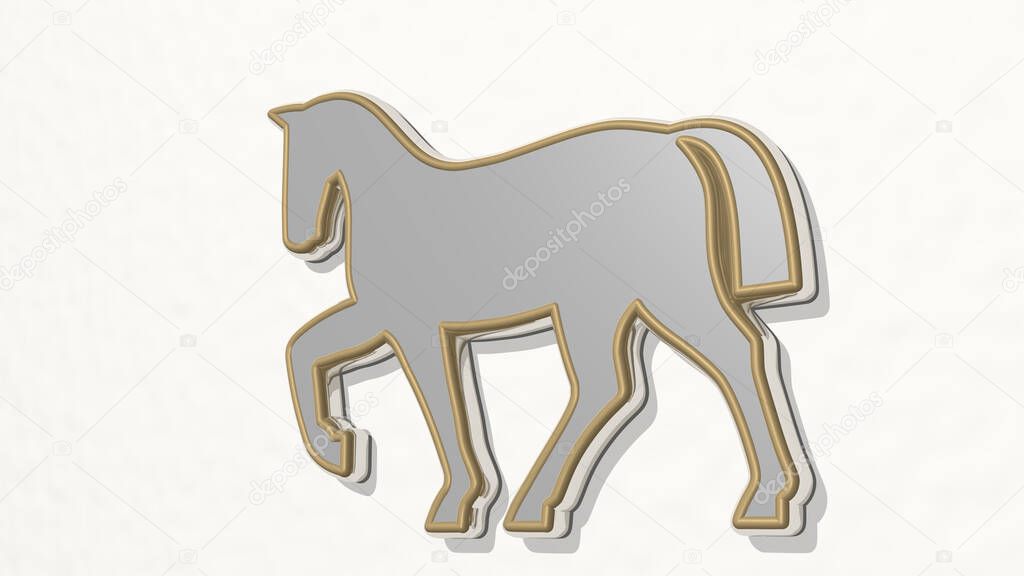 horse made by 3D illustration of a shiny metallic sculpture on a wall with light background. animal and beautiful