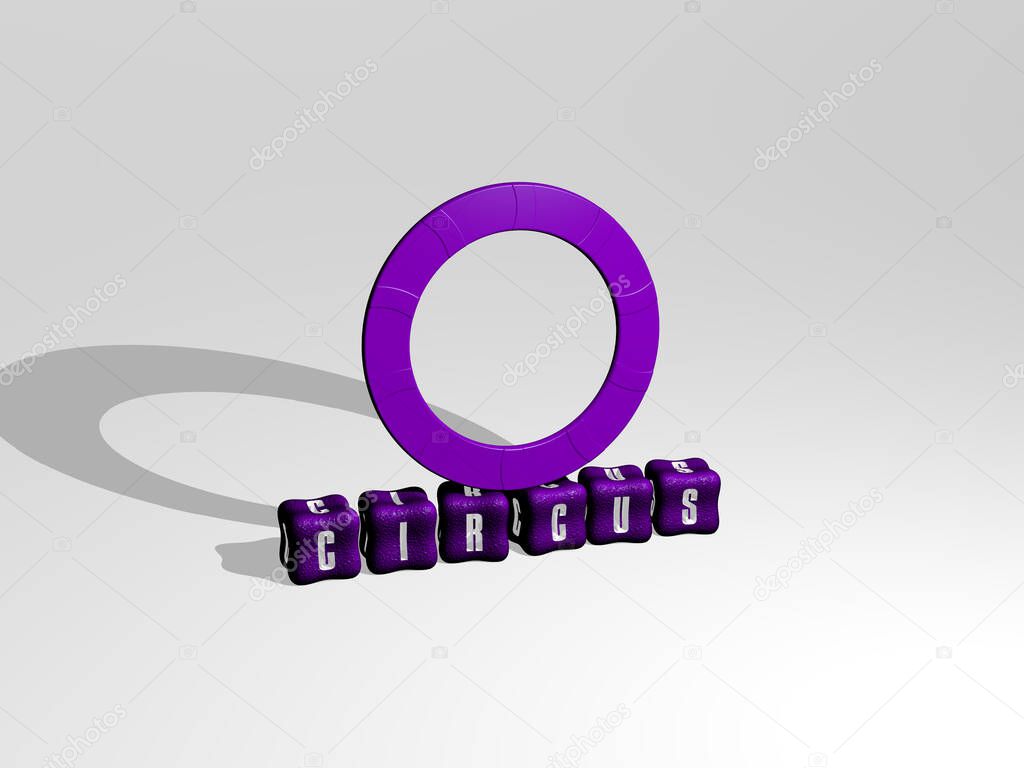 3D representation of CIRCUS with icon on the wall and text arranged by metallic cubic letters on a mirror floor for concept meaning and slideshow presentation. illustration and background