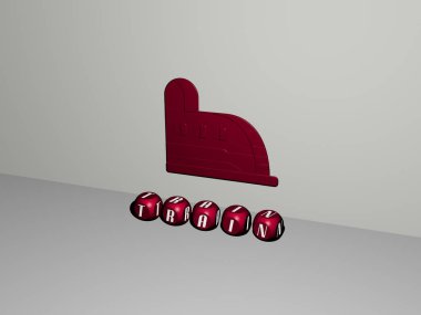 Trenin dikey olarak üç boyutlu grafiksel görüntüsü ve üst perspektiften metalik kübik harflerle oluşturulan metinler, konsept sunum ve slayt gösterileri için mükemmel. istasyon ve yazı işleri