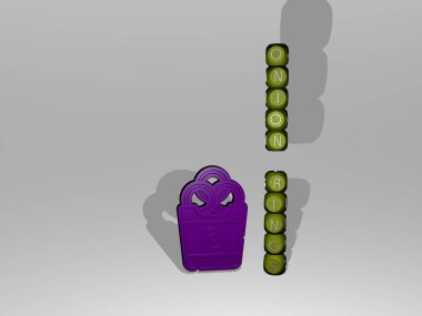 Duvarında ikon olan soğan halkalarının 3 boyutlu temsili ve ayna zemininde konsept ve slayt gösterisi sunumu için metalik kübik harflerle düzenlenmiş metin. arkaplan ve yiyecek