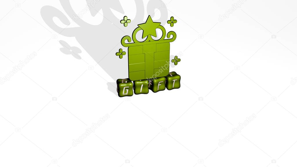 3D representation of GIFT with icon on the wall and text arranged by metallic cubic letters on a mirror floor for concept meaning and slideshow presentation. background and illustration